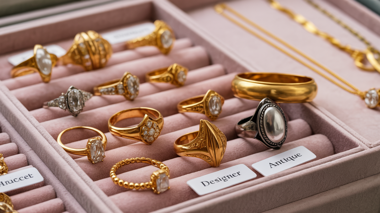 Gold jewelry collection on display, including rings and necklaces.
