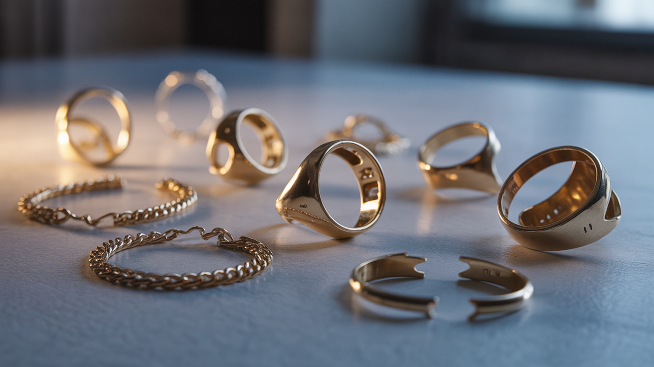 Broken jewelry pieces like bent rings and snapped chains on a table.
