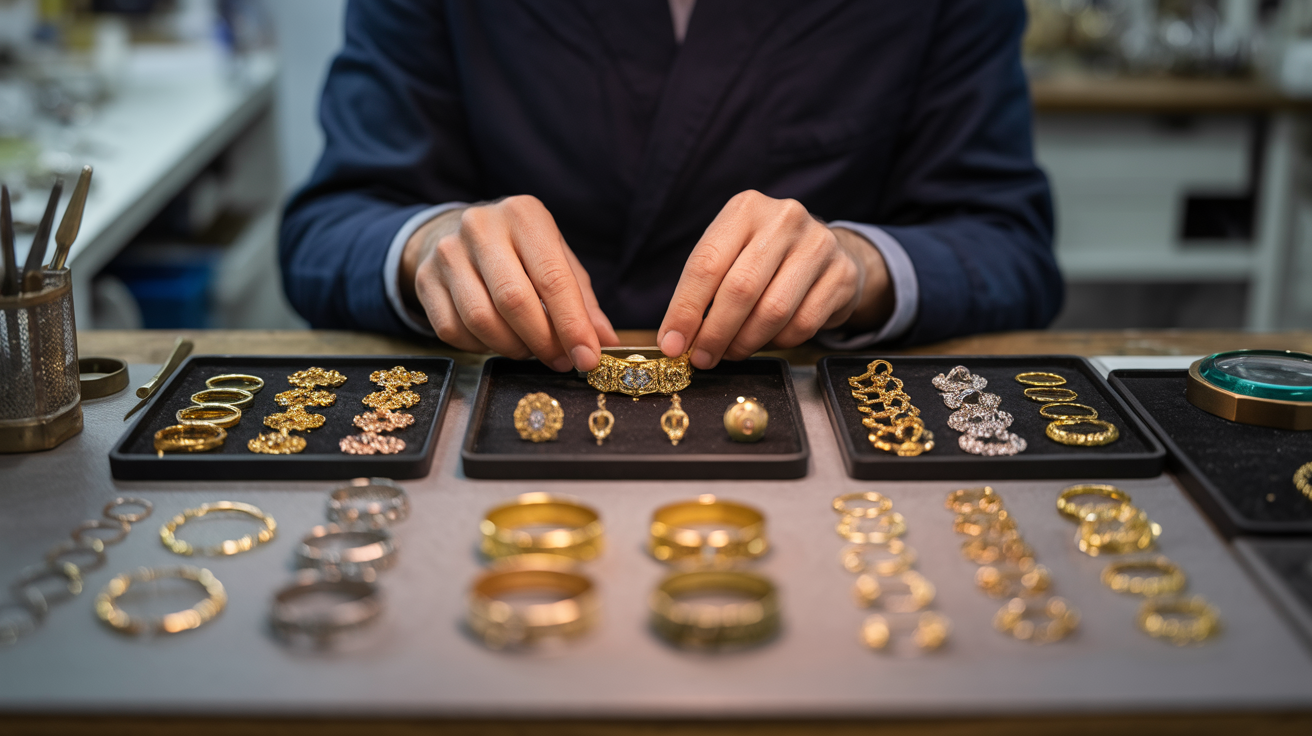 Jeweller categorizing gold jewellery types on a table.