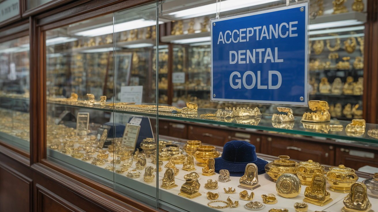 Pawn shop counter with sign for dental gold acceptance and various gold items.