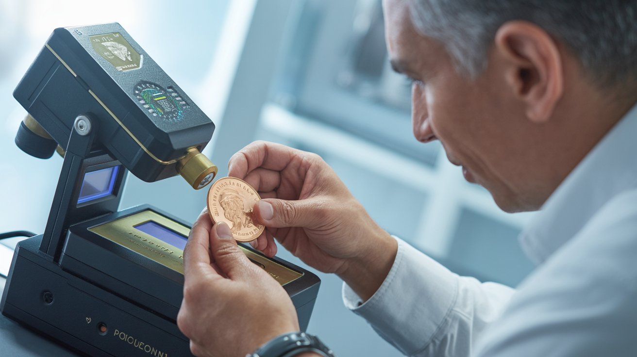 Bullion specialist using electronic equipment to test a Krugerrand.