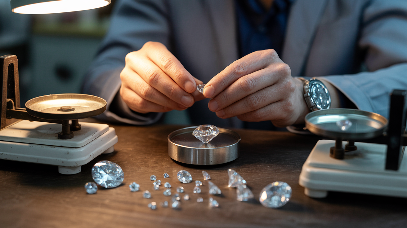 Scrap gold dealer evaluating diamonds with testing tools on a table.