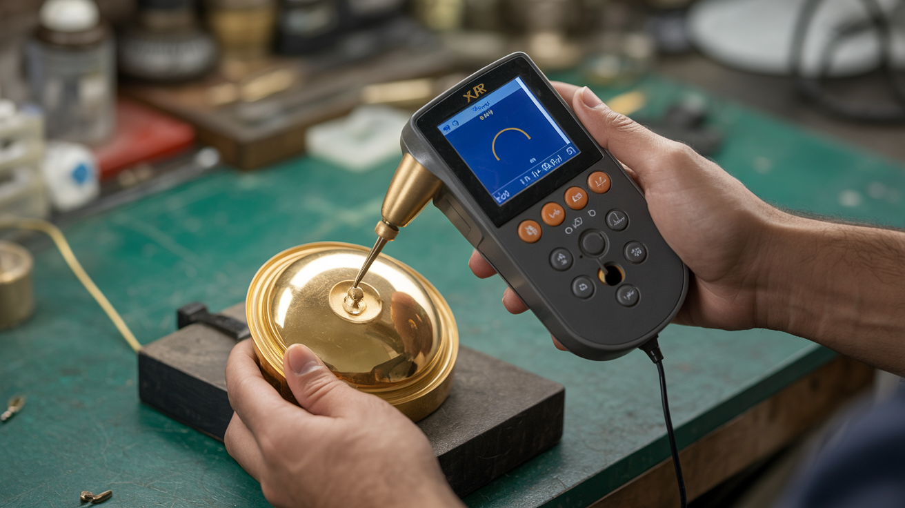 Jeweler using XRF device on gold-plated item with screen showing low gold content.