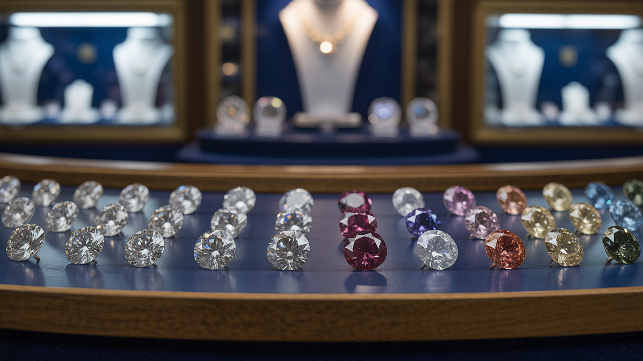 Jewelry store with white and fancy coloured diamonds on display.