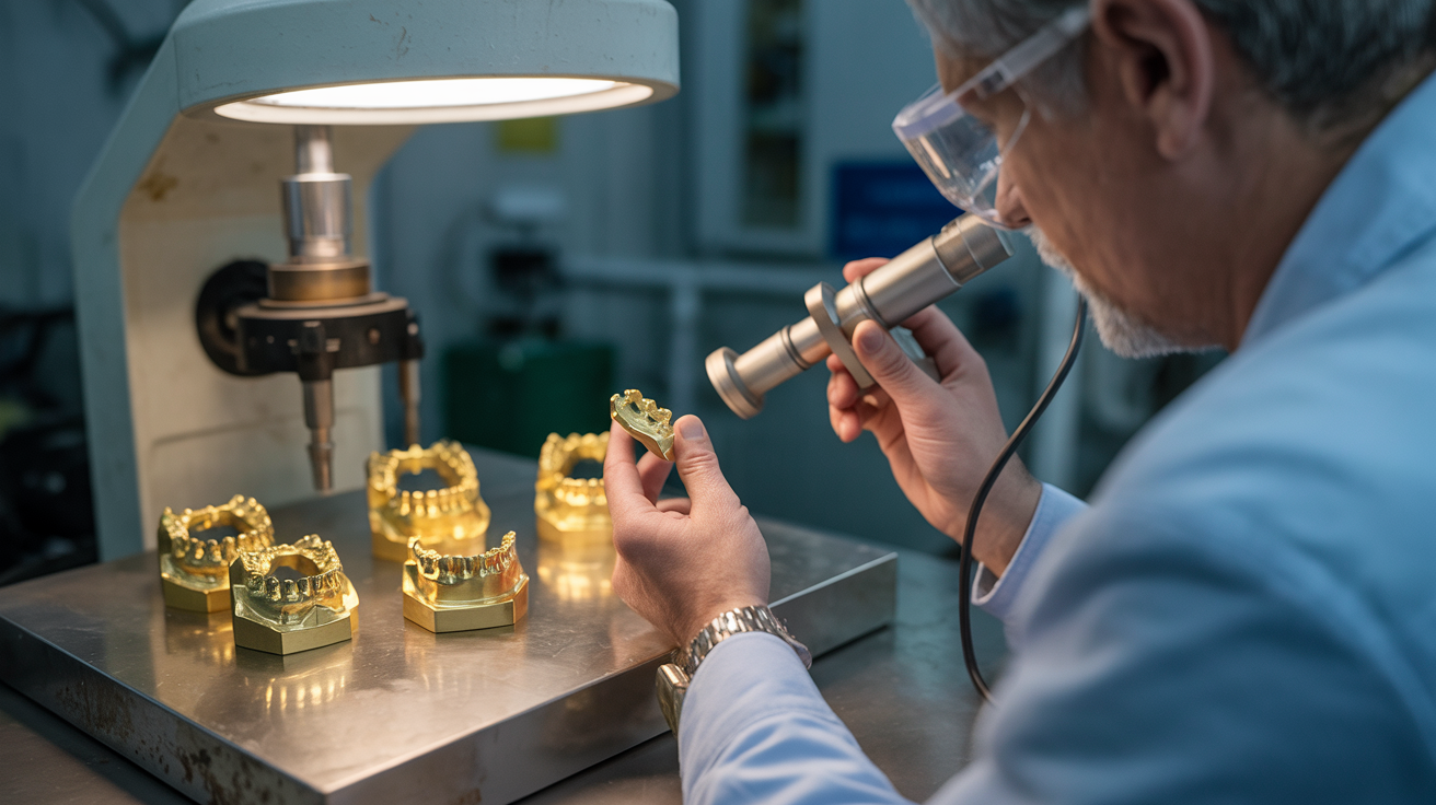 Refinery buyer inspecting dental gold with specialized equipment.