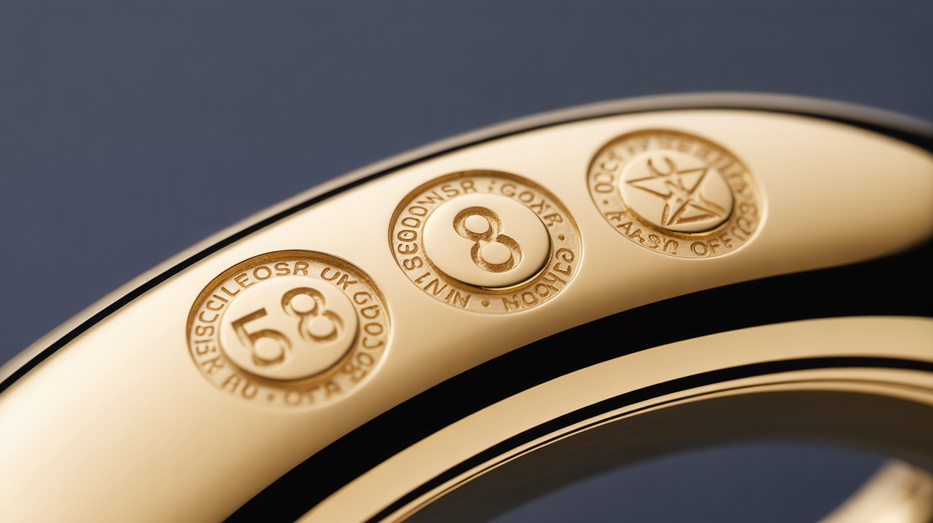 Three UK hallmark symbols closely stamped on gold jewelry.