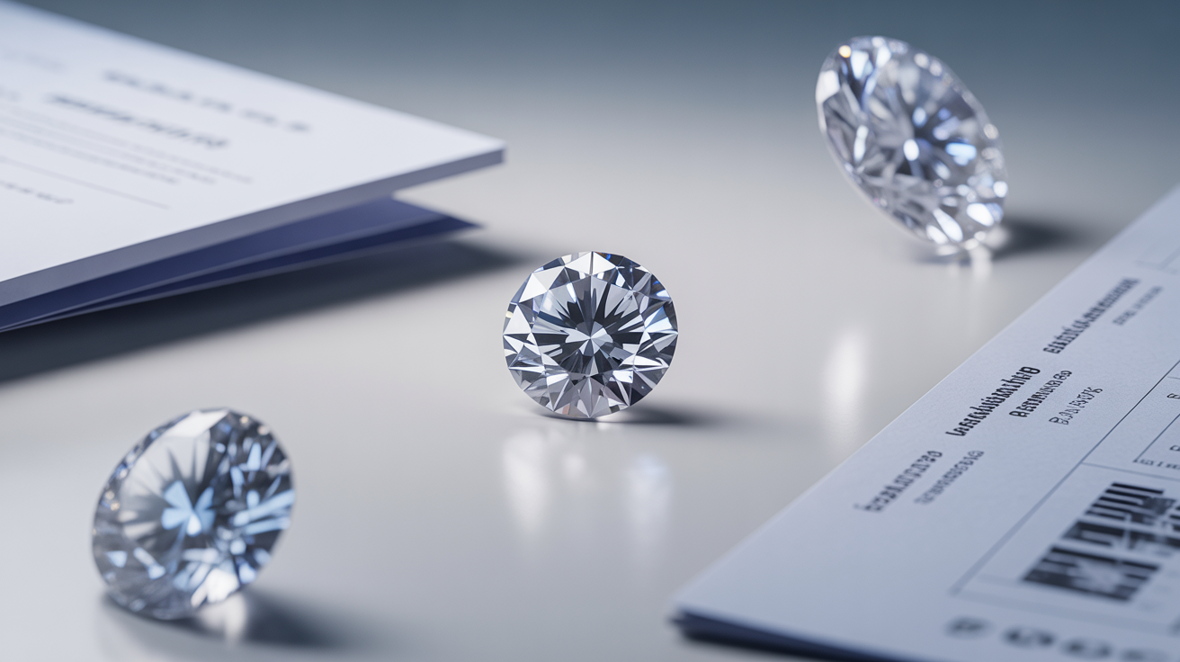 Lab-grown diamond with certification papers being photographed for verification.