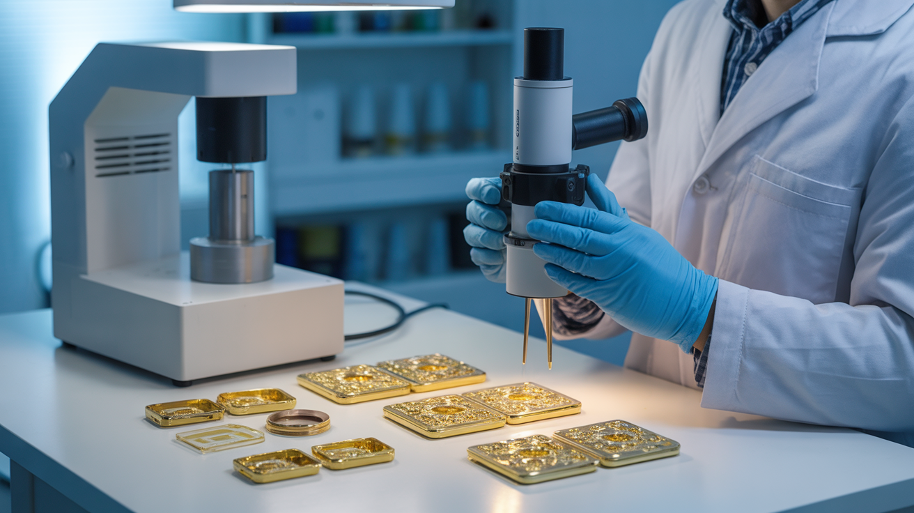 Technician testing gold items with lab equipment in professional setting.