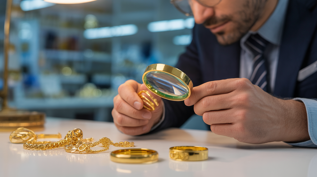 Buyer evaluating gold jewelry for purity and market value.