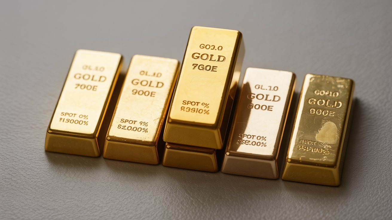 Gold bars of different weights labeled with spot prices and premiums.