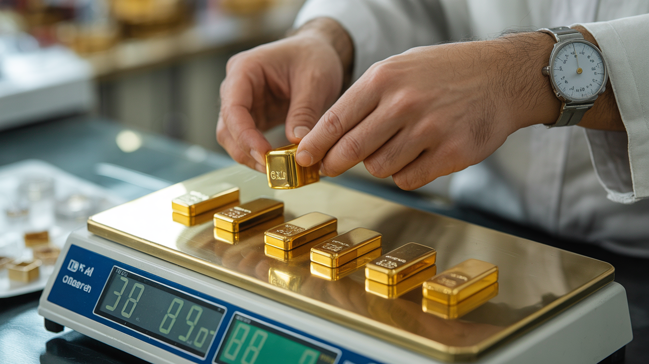 Jeweler weighing gold samples with carat labels in a workshop.