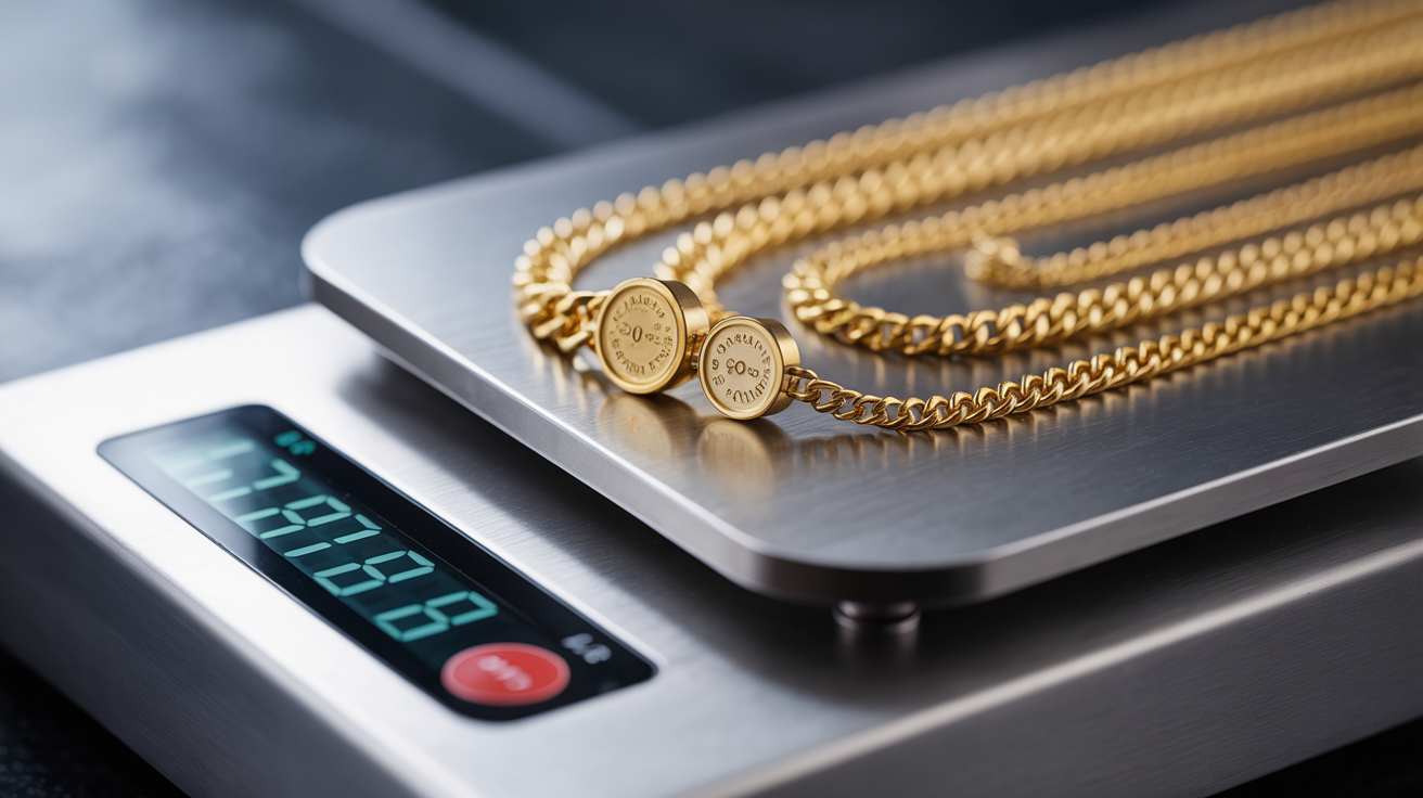Gold chains on a scale, digital readout showing weight for valuation.