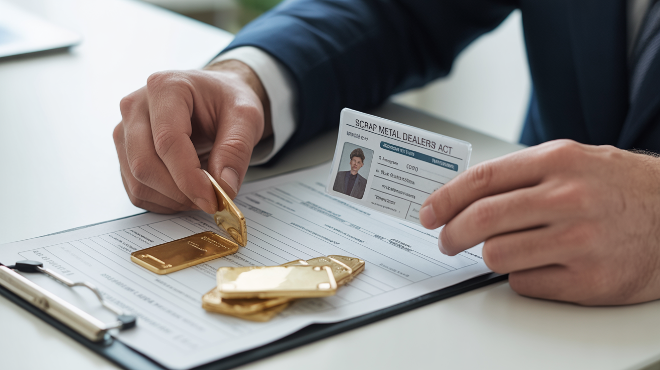 Close-up of person verifying gold buyer credentials with documents.