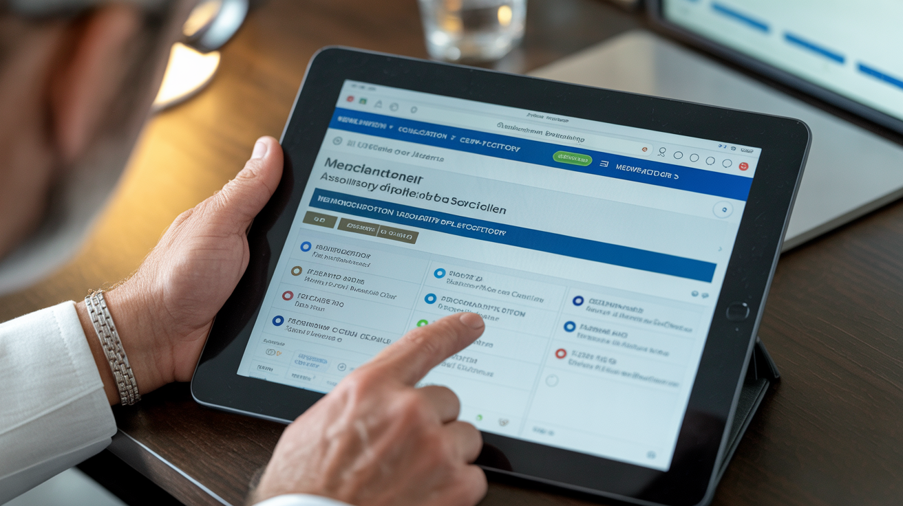 Investigator checking membership status on tablet screen.