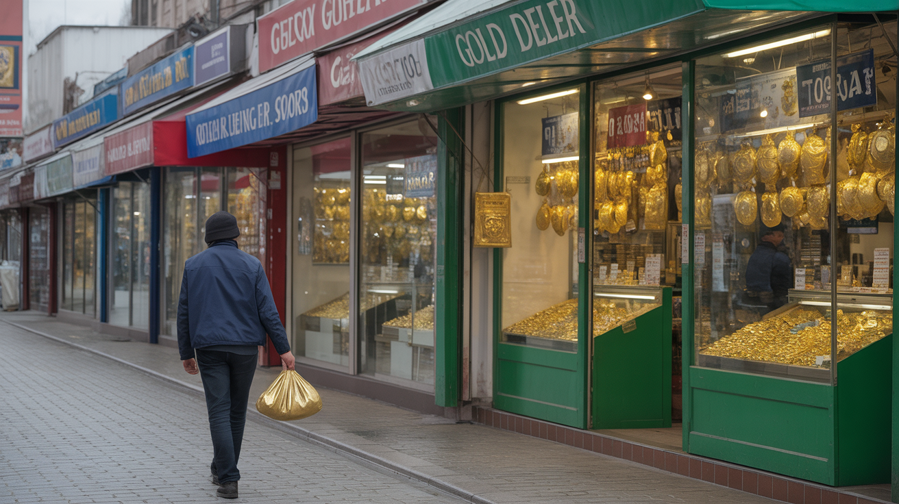 Person visiting multiple gold dealer shops with gold pouch.