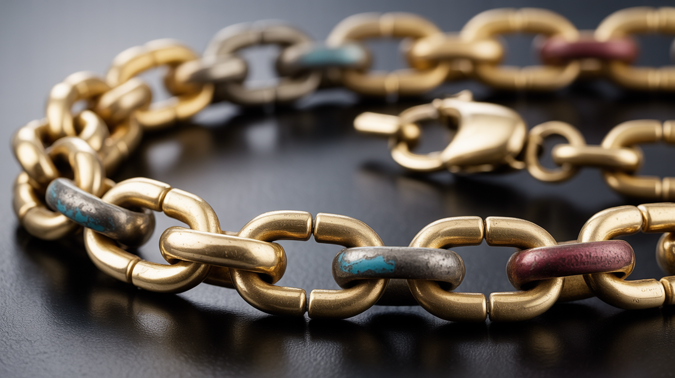 Close-up of gold-plated chain showing wear patterns and base metal exposure.