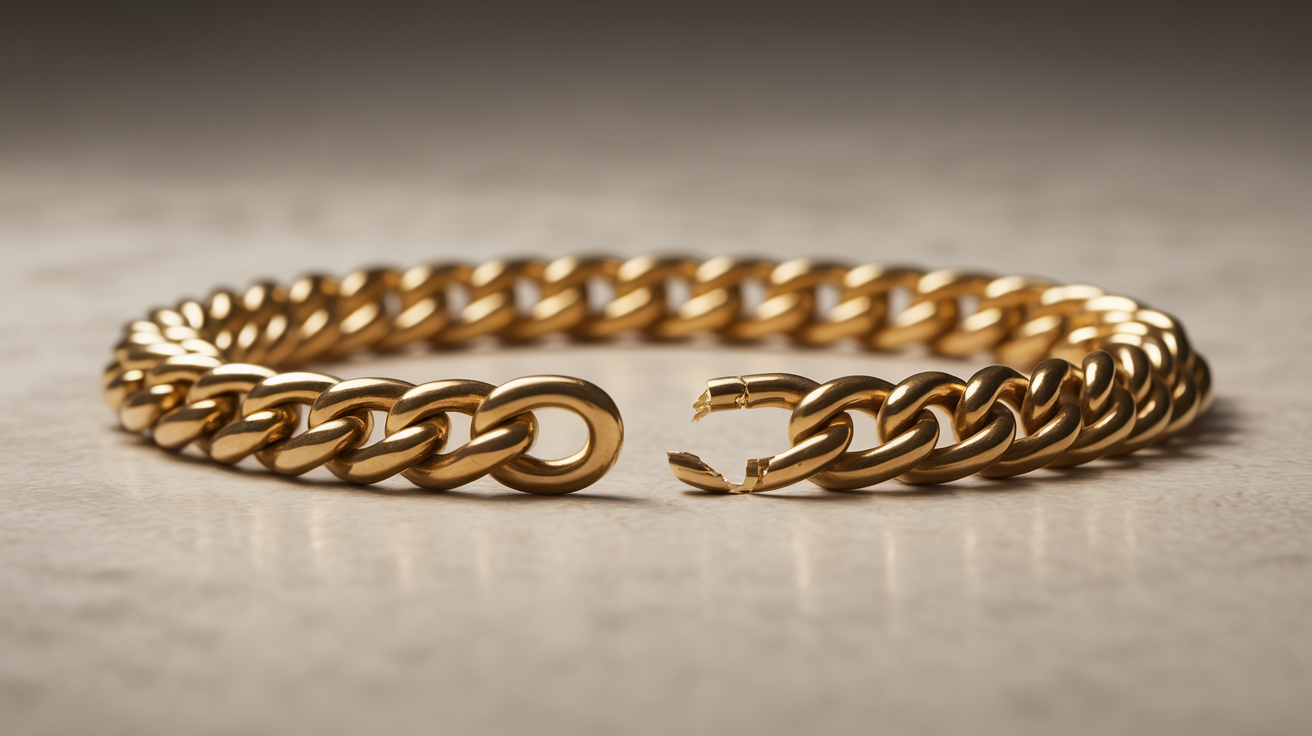 Snapped gold chain emphasizing weight and purity on neutral background.