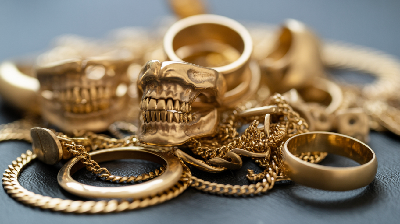 Broken gold chains and rings with dental gold work on a table.