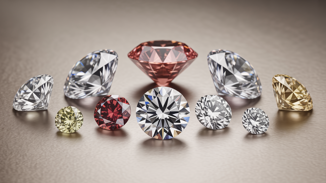 Various diamonds showing different cuts, colors, and weights.