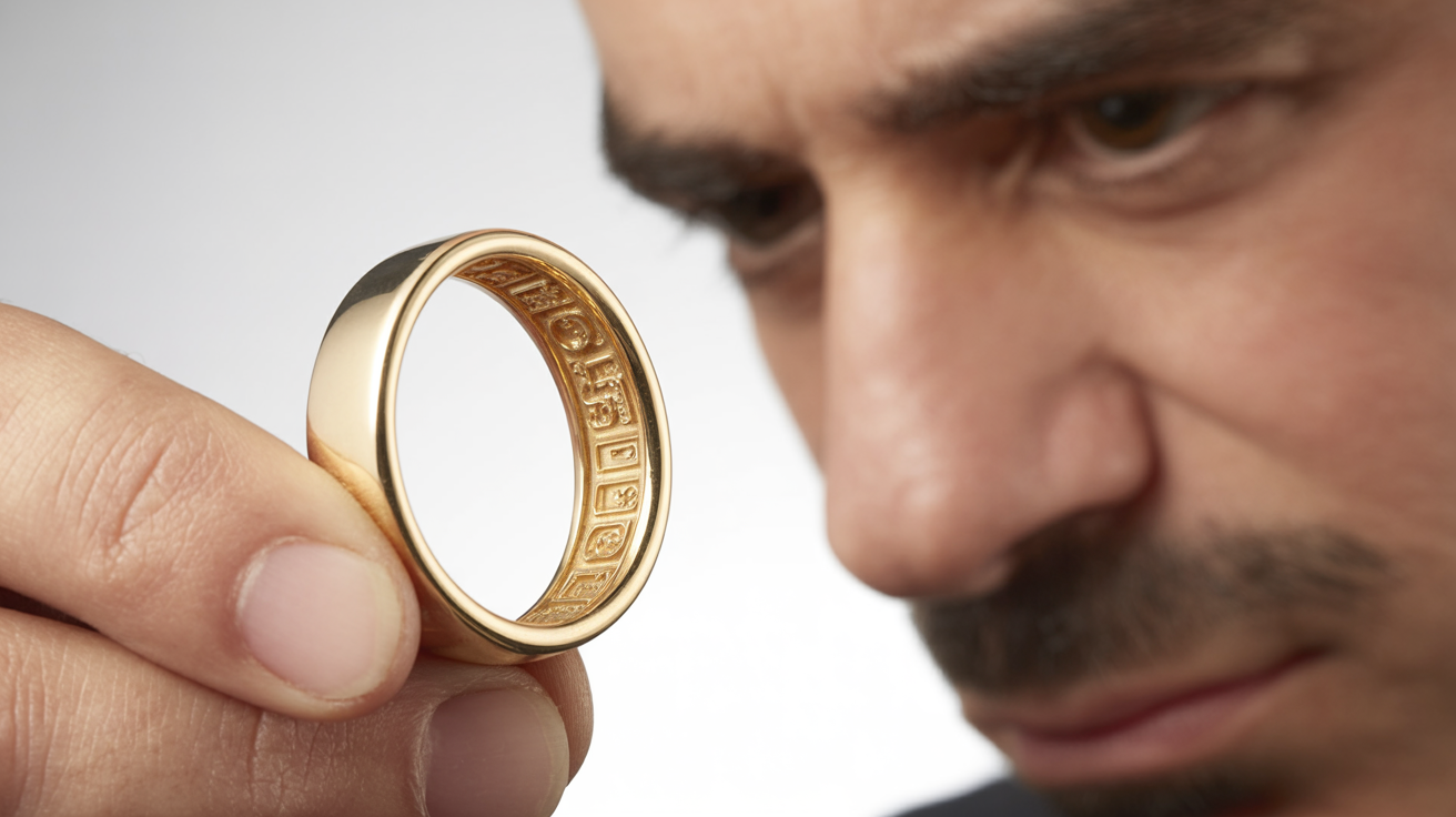 Gold ring with UK hallmarks inspected closely under bright light.