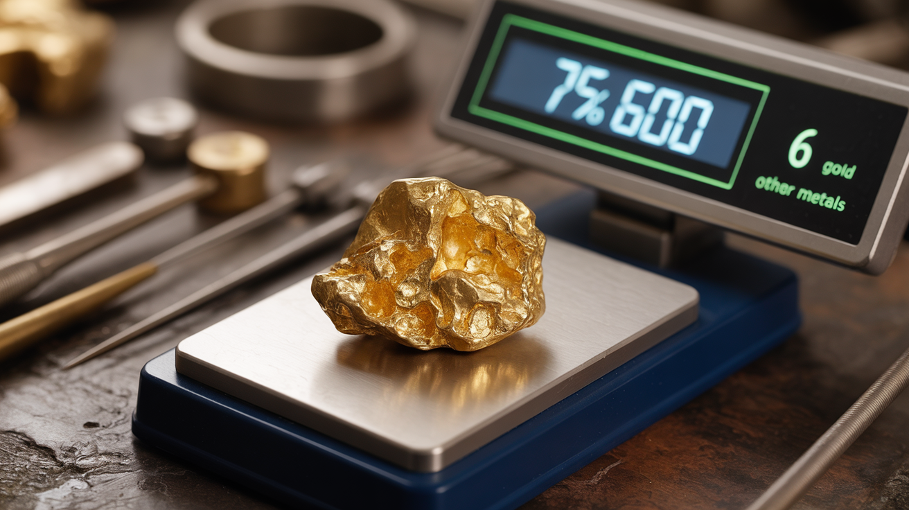 Gold nugget on a digital scale showing 18 parts gold purity.