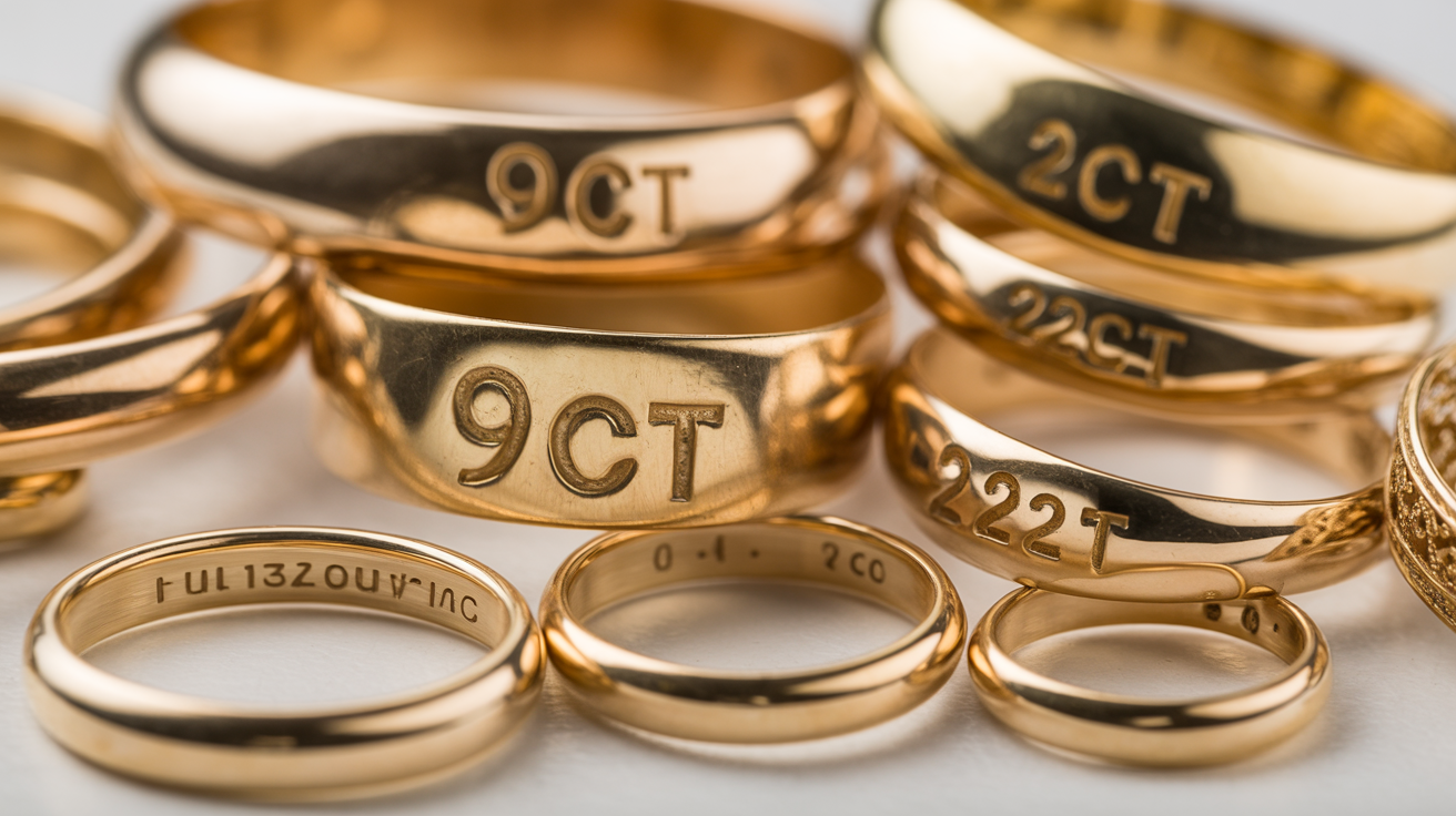 Assorted UK gold jewelry showing detailed hallmarks for purity.
