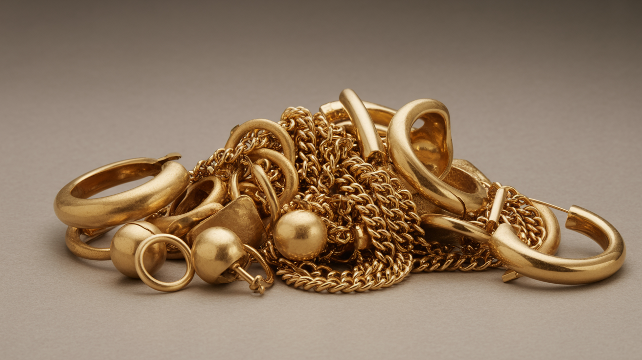 Assorted gold items, broken chains, single earrings on neutral background.