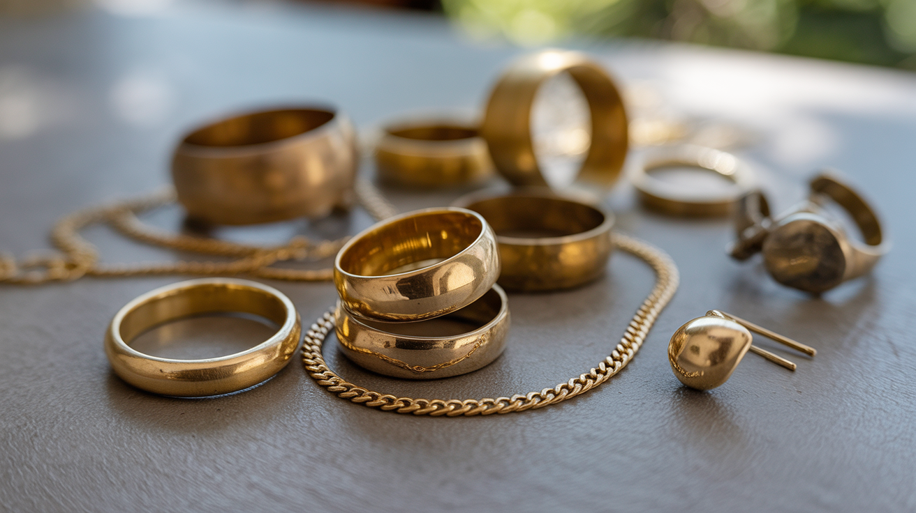 Various broken gold items on a table in natural light.