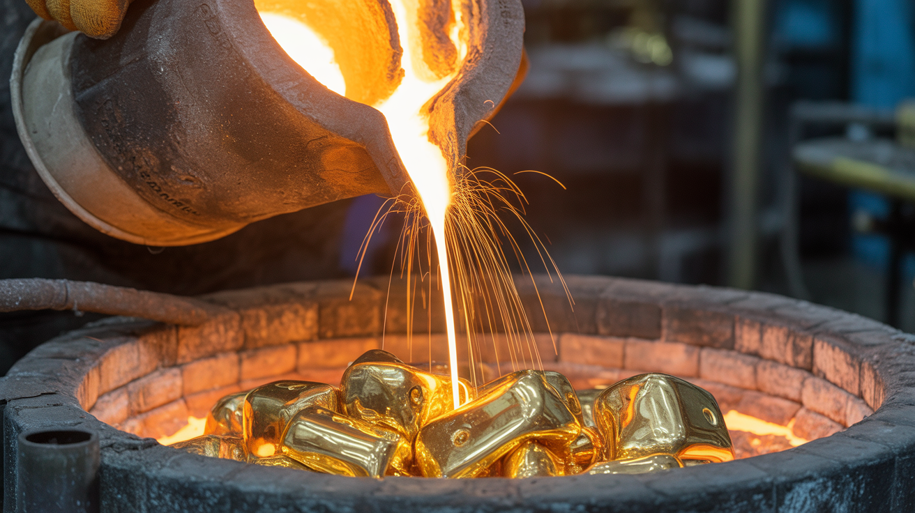 Molten gold being poured in a high-temperature refinery furnace.