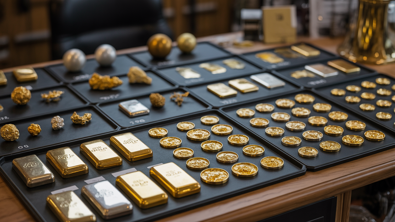 Table with categorized gold items in a buyer's office.