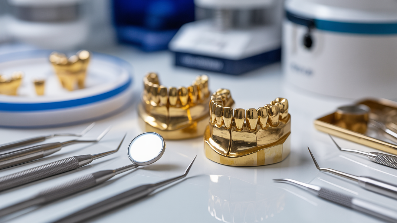 Gold dental alloy items with tools on a dental technician's table.
