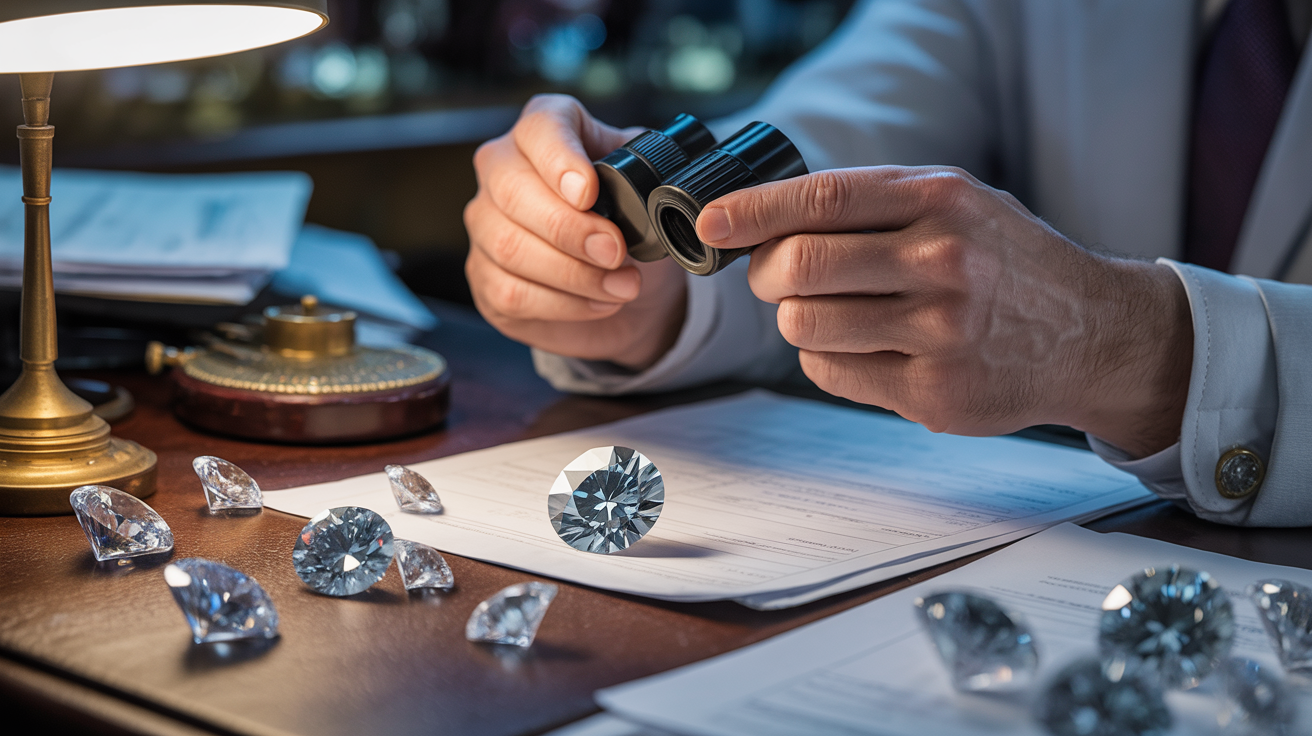 Diamond dealer examining lab-grown diamond at a cluttered desk.