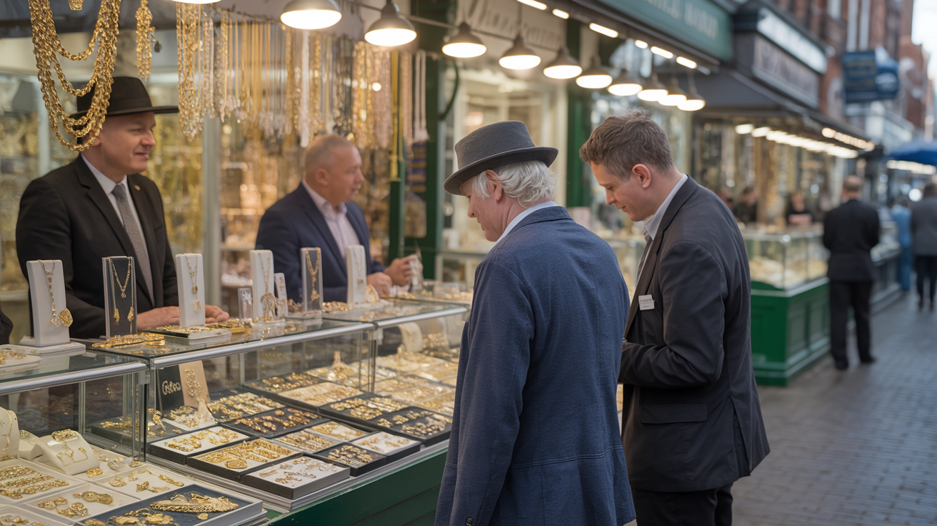 Gold dealers in Birmingham's Jewellery Quarter street scene.