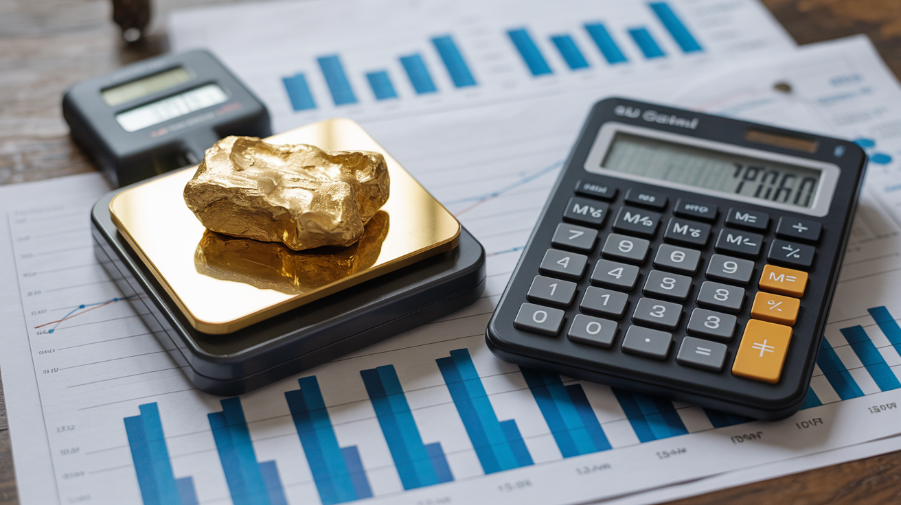 Gold sample on scale with calculator and value charts.